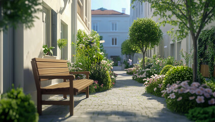 A rustic wooden street bench located in the heart of the city, surrounded by flowers and greenery, surrounded by elegant white buildings and urban architecture.