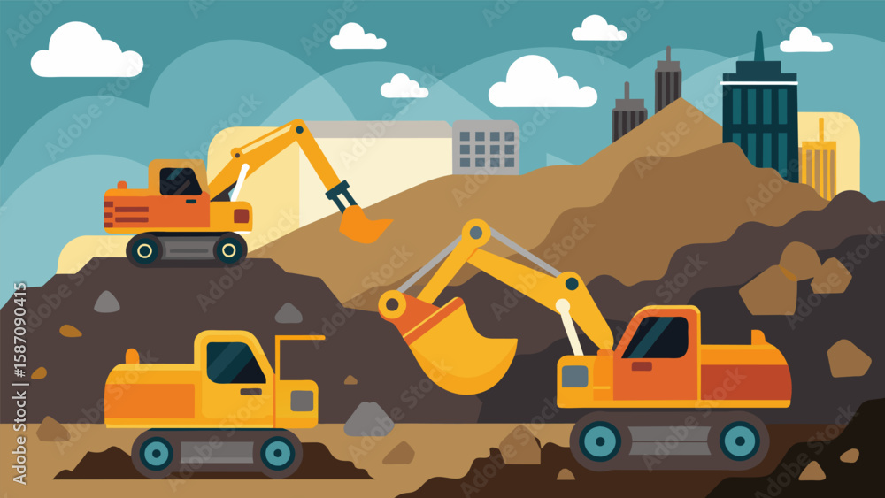 Poster the excavators move with precision scooping up dirt and rocks and depositing them neatly in a pile n
