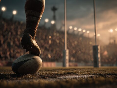 Rugby Player Preparing for Kick at Twilight in Stadium Setting