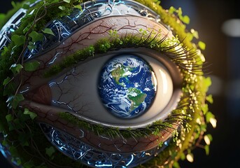 Surreal close-up of human eye with nature reflection surrounded by cracked earth and green moss