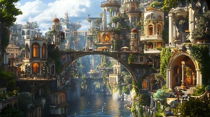 Fototapeta premium Fantastic cityscape in valley