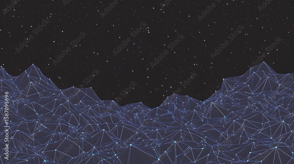 Poster abstract landscape with a network of lines and points against a starry night sky.