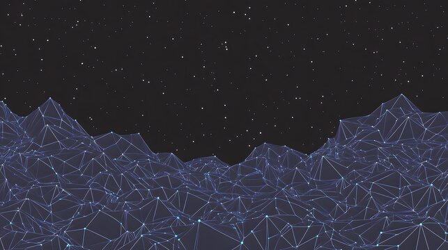 Abstract landscape with a network of lines and points against a starry night sky.