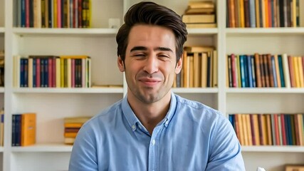 A smiling young man in a blue shirt enthusiastically waves at the camera while sitting in front of a well-stocked bookshelf, creating a friendly and welcoming atmosphere for a video call