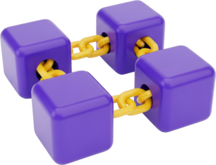 Interconnected purple blocks linked by a golden chain 3D render blockchain transparent background