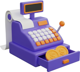 Vintage purple cash register with receipt roll and coins in open drawer transparent background