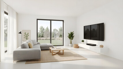 Fototapeta premium Modern minimalist living room with large windows, grey sectional sofa, and flat-screen TV.