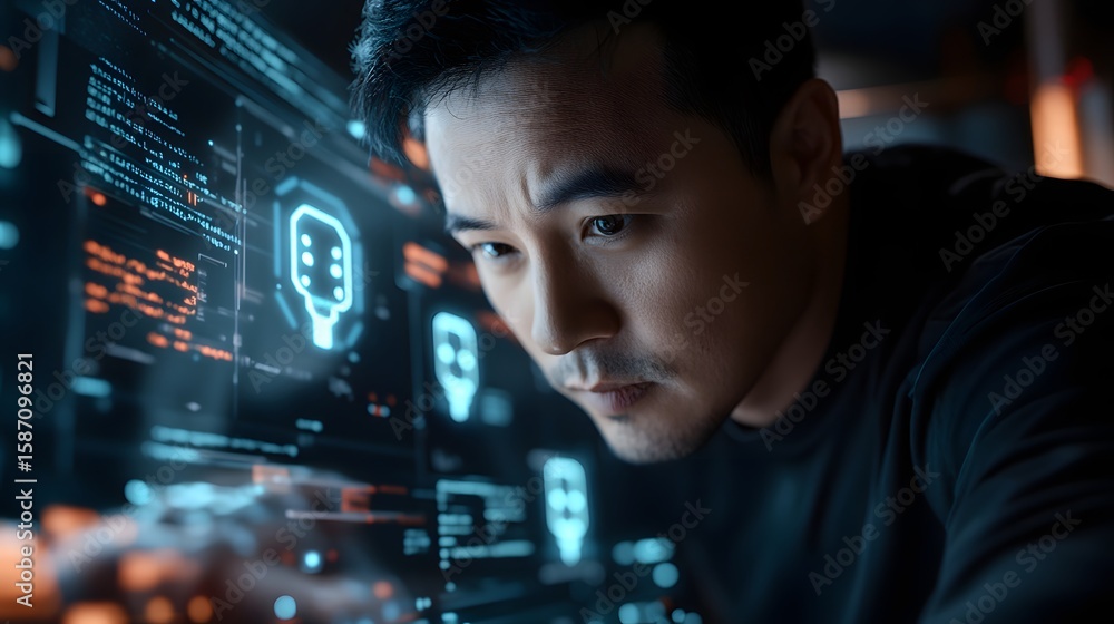 Poster close-up of a person intensely focused on a computer screen displaying interactive data.