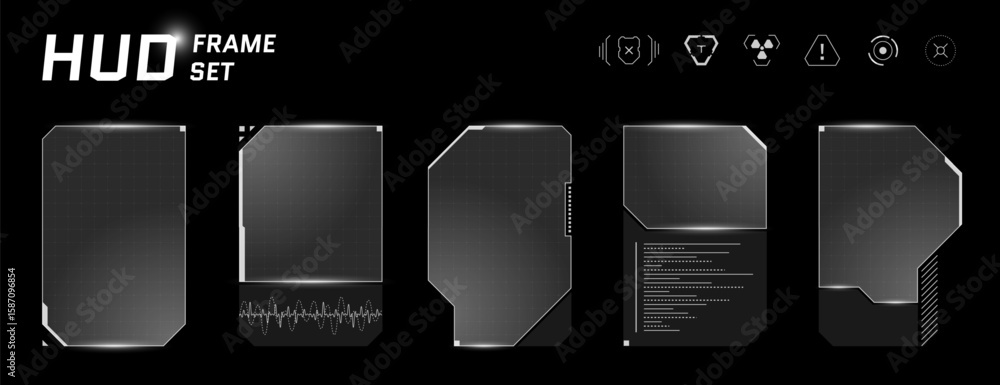 Poster futuristic hud window with minimal vector shapes, square frames and cyberpunk monitor layout. transp