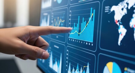 Photo of a finger pointing at a screen displaying data analysis graphs and charts, representing business analytics and financial information