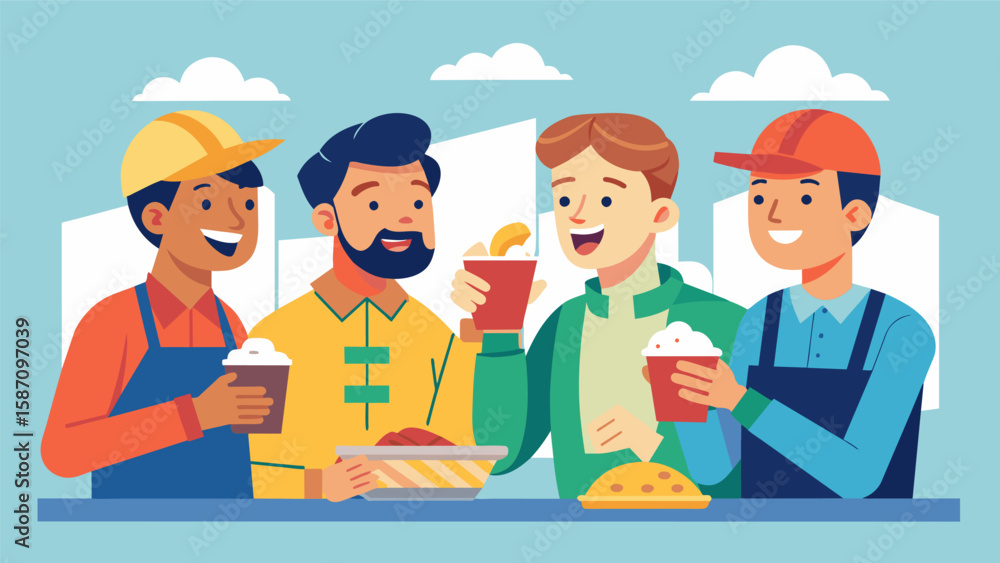Poster looking at the workers laughing and sharing food during lunch break one can see that building struct