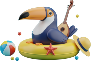 3D cartoon toucan wearing a yellow swim ring holding a lute with a beach ball hat and starfish nearby transparent background