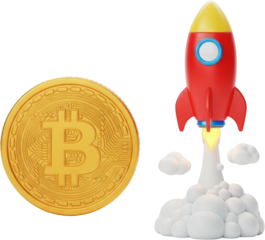 Golden Bitcoin cryptocurrency coin with a red rocket launching with smoke isolate