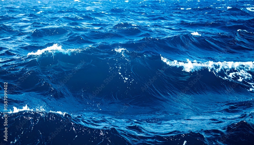 Poster dynamic deep blue ocean waves creating a natural pattern, with white foam crests. ideal for backgrou