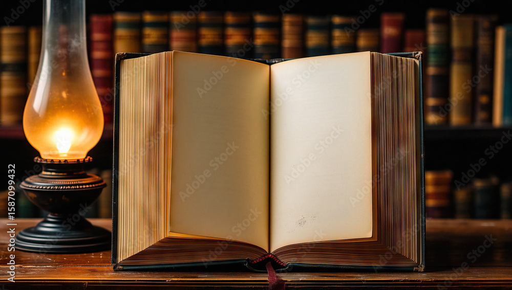 Poster open book and kerosene lamp on bookshelf