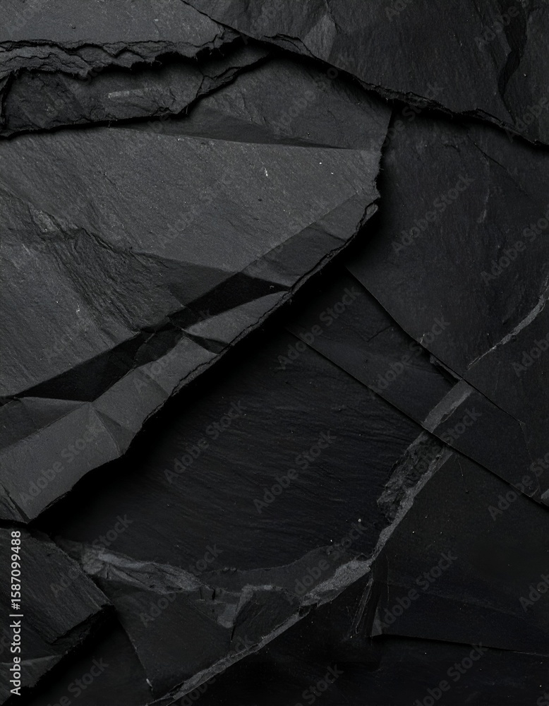 Poster close-up of a dark textured black slate background with rough, natural layers and sharp edges, perfe