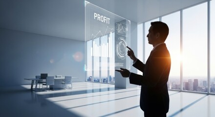 Photo of a businessman analyzes profit data on a futuristic holographic screen in a modern office overlooking the city, representing business innovation