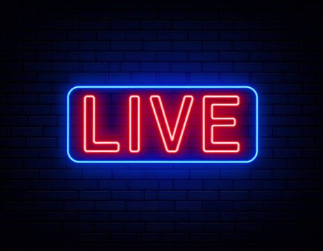 Neon sign on a brick wall.  Red "LIVE" text in a blue rectangular frame.  Perfect for broadcast, streaming, or event promotions.