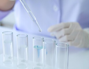 Close-up of scientist's hand using pipette to add liquid into test tubes.  Medical research, scientific experiment concept.