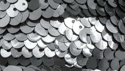 Close-up shot of shimmering silver sequins forming a textured background. Ideal for fashion, design, and textile projects.