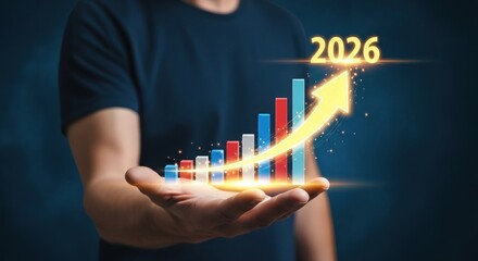 Photo of a hand holding a glowing growth chart with the year 2026, representing future business success, financial growth, and positive market trends