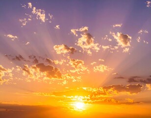 Fototapeta premium Vibrant sunset sky featuring dramatic sun rays piercing through golden and orange clouds, creating a breathtaking atmospheric display with a blend of purple and pink hues.