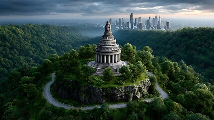 Aerial perspective of a monument rising above a circular city forest with roads and modern buildings stretching out into Jakartaa??s morning skyline.