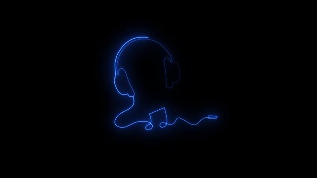 Glowing neon headphone icon animation on headphones sign with alpha channel ,Glowing music earphone icon. Big Headphones .