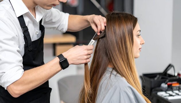 Professional male hairdresser styling a woman's long, brown hair in a modern salon. Focus on the hands, comb, and hair during a beauty treatment or cut.