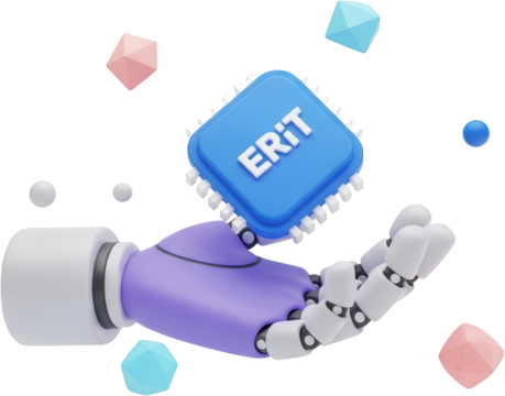 3D robotic hand presenting a blue microprocessor with the text ERIT and geometric shapes transparent background