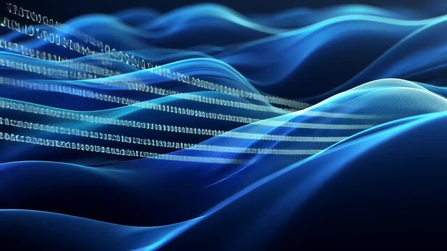 Abstract digital waves representing data flow with binary code in a serene blue background