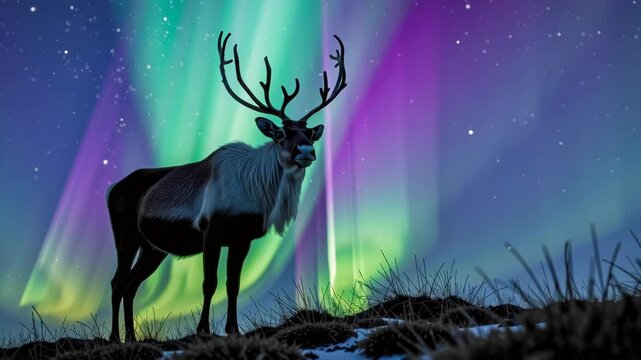 Majestic reindeer under northern lights in minimal composition showcase vibrant colors and serene nature, creating stunning wildlife backdrop