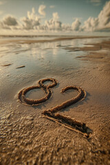 Number 82 Gently Written in Wet Sand with Pastel Sky and Distant Ocean for Serene Look
