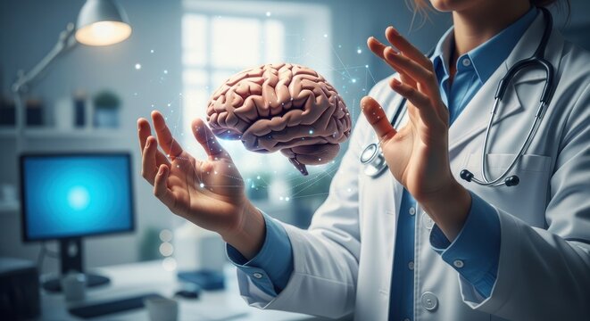 Photo of a doctor holds a holographic brain, symbolizing neurology, medical research, and the future of brain health