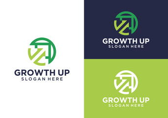 Growth logo design. Business growth arrow logo. Business growth logo with green growth arrow in a line design within a circle.