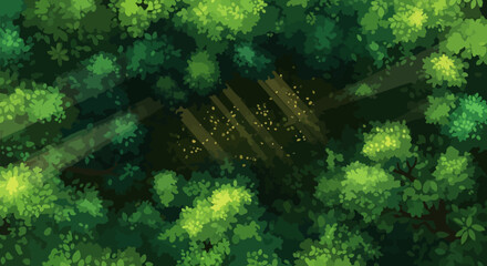 Fototapeta premium A topdown illustrated view of a lush green forest canopy with sunbeams and glowing specks of light