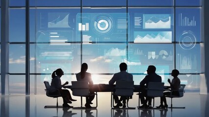 silhouette business team meets in a modern office, analyzing data and charts displayed on glass, showing cooperation and strategy. - Powered by Adobe