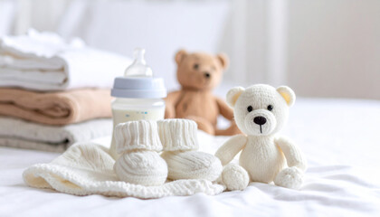 Concept of newborn products with teddy bear decorations on a bright background.