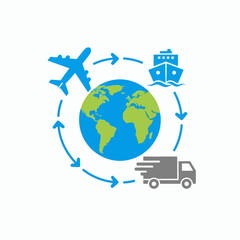 Fototapeta premium Global logistics and delivery concept with an airplane cargo ship and truck circling the Earth