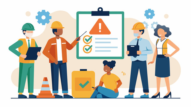 Regular safety meetings and inspections should be conducted to identify and address any potential safety hazards and ensure compliance with safety. Vector illustration