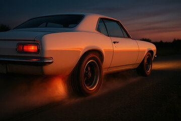 Fototapeta premium Classic muscle car driving on rural road at sunset, illuminated by dramatic evening light, showcasing vintage automotive design