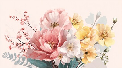 Soft-hued floral arrangement featuring pink, peach, and yellow blossoms, complemented by delicate greenery and subtle, muted background