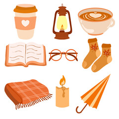 Hand drawn vector set autumn elements. Fall autumn mugs, cooffee, lamp, book, glasses, candle, umbrellas. Colorful item autumn illustration.