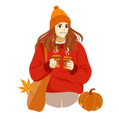Hand drawn vector girl autumn elements. Fall autumn woman holding coffee mug with leaves and pumpkins. Colorful girl autumn illustration.