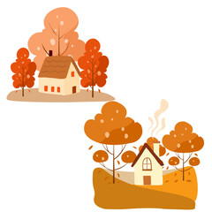 Vibrant Autumn Tree and houses in the forest. Various Autumn Trees Design Parts. Hand drawn vector set autumn tree elements and house.