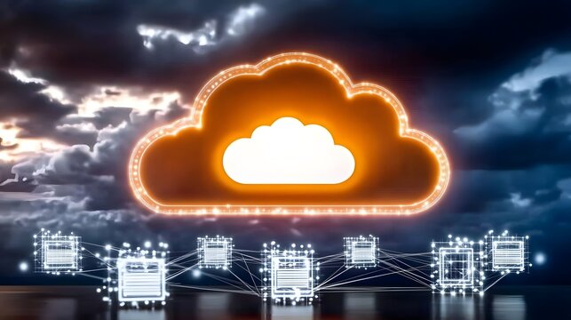 Illuminated cloud storage icon displayed against a backdrop of connected data servers.