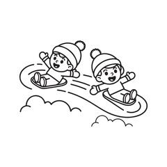 Obraz premium Winter Kids Coloring Page Vector – Children Playing in Snow, Snowman, and Sledding Line Art, winter kids coloring page, snow play children illustration, vector line art winter scene, victor art 