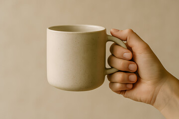 Hand Holding a Neutral Ceramic Mug against Minimal Beige Background