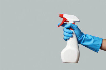 Cleaner's hand in blue rubber protective glove holding a white chemical spray bottle. Empty place for text or logo on gray background. Early spring or regular cleanup. 3d rendering.