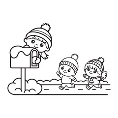Winter Kids Coloring Page Vector – Children Playing in Snow, Snowman, and Sledding Line Art, winter kids coloring page, snow play children illustration, vector line art winter scene, victor art 